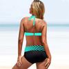 Women's Swimwear Bikini 2 Piece Swimsuit Backless Halter Beach Wear Blue and Black Diagonal Stripes Print Bathing Suits Hanging Neck Swimsuit
