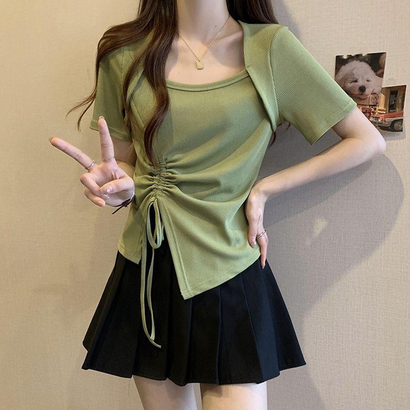 Pink Square Neck Short Sleeve T-shirt Pure Lust Spicy Girl Pleated Design Women Slim Top Casual Solid Color Korean Fashion