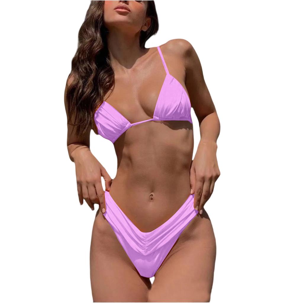 Women's Color Sexy Pleated Strappy Two,Piece Bikini Set