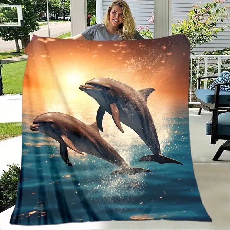

dolphin leaping out of the sea surface Printed Blanket for Sofa Bed Travel Camping Living Room Office Conditioning Blanket 75x90cm
