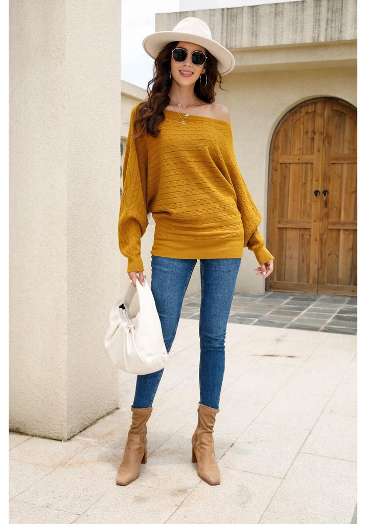 Autumn Winter Women's Plus Size One-Shoulder Cable Knit Batwing Sweater Pullover