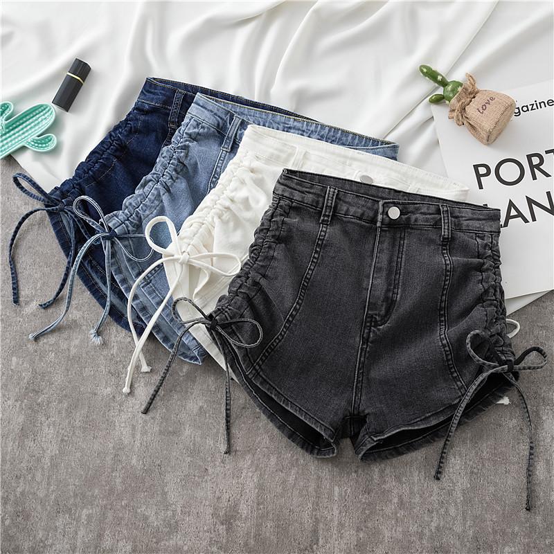 Elastic High Waisted Denim Shorts for Women Summer Drawstring Design Wide Leg Pants A-line Shorts