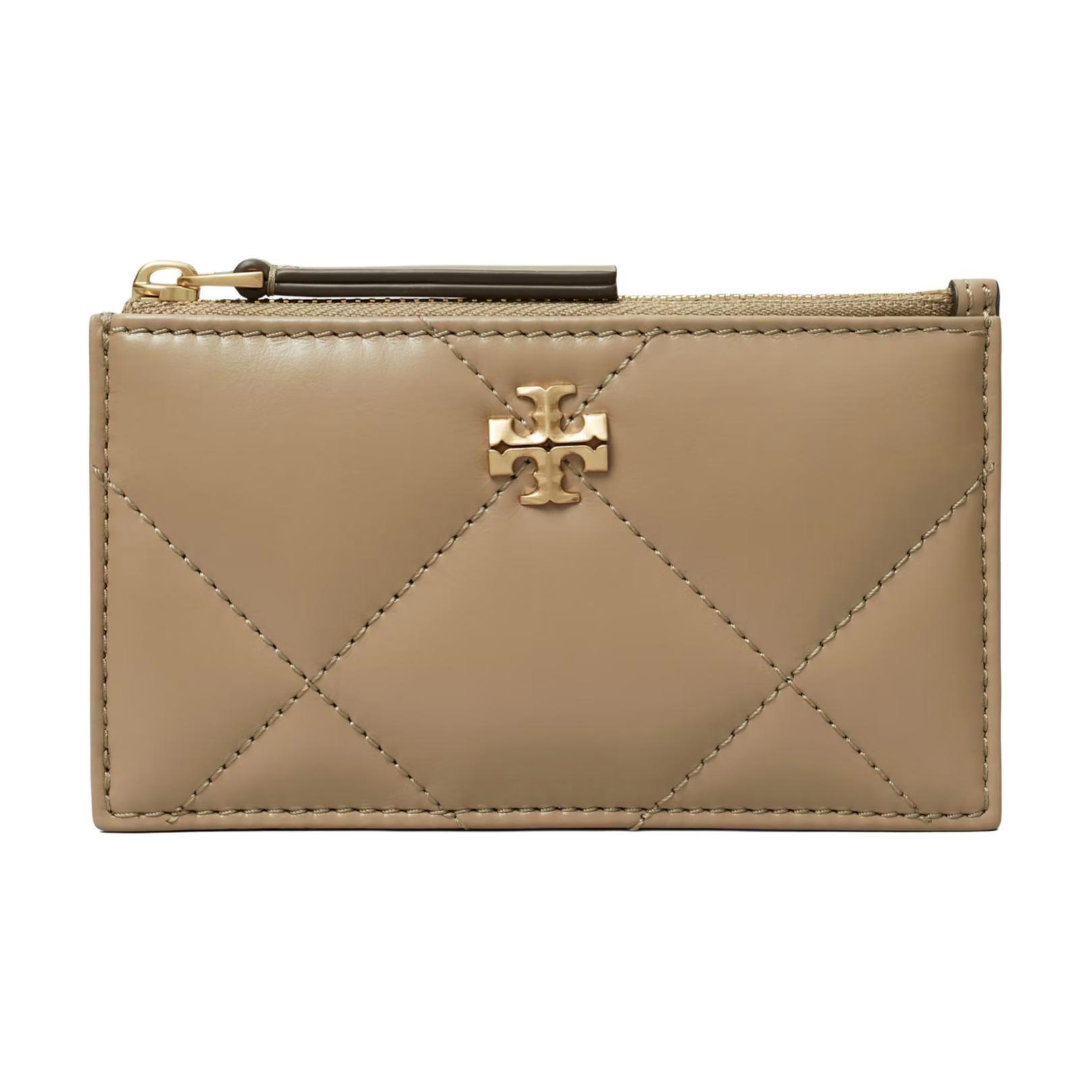 Tory Burch Kira Metal Logo Zip Card Holder Women Card Holder Gray-Brown 158629-250 Basic Set (Bag+Dust Bag)