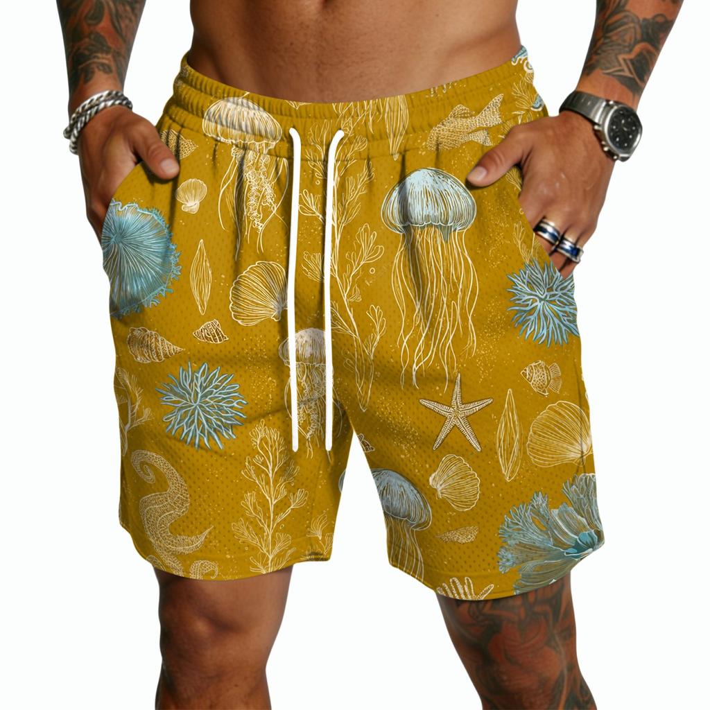 Men's Casual Drawstring Shorts Lightweight Quick Dry Five Inch Inseam Beachwear Hawaiian Print Summer Shorts