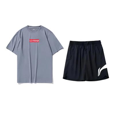 LiNing Logo Print Comfortable Breathable Versatile Round Neck Pullover Short Sleeve Simple Drawstring Shorts Casual Sports Suit AHST461-3+YKSV197-2