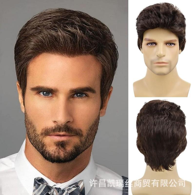 Mens Short Brown Wig Fashion Age-Reducing Synthetic Any Face Shape