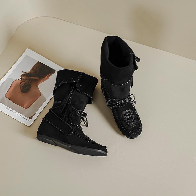 Bohemian Style Mid-Calf Cowboy Boots with Lace-Up Foldable Design, Women's Slimming Slouch Boots.