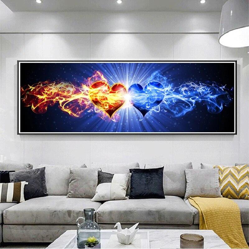 Abstract Blue Red Smoke Love Heart Canvas Painting Fire Heart Posters and Prints for Bedroom Living Room Wall Decor No Frame
