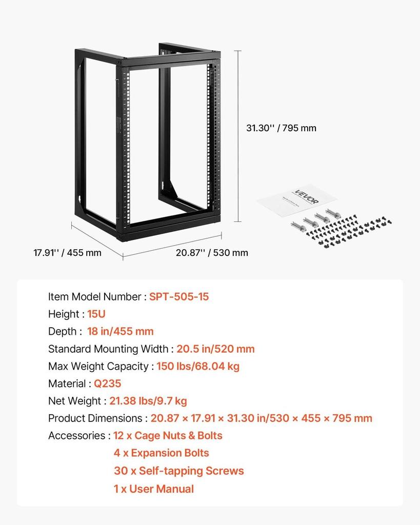 15U Wall Mount Server Rack, 68.04 kg Max Load Capacity, Open Frame Network Rack with 180 Degrees Gate Swing Door, Carbon Steel, Ideal for IT Network
