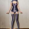 Sexy Women Satin Smooth Hollow Out Bodysuit Glossy Shiny Crotchless Tight See Through Leotard Garter With Stockings Pole Dance