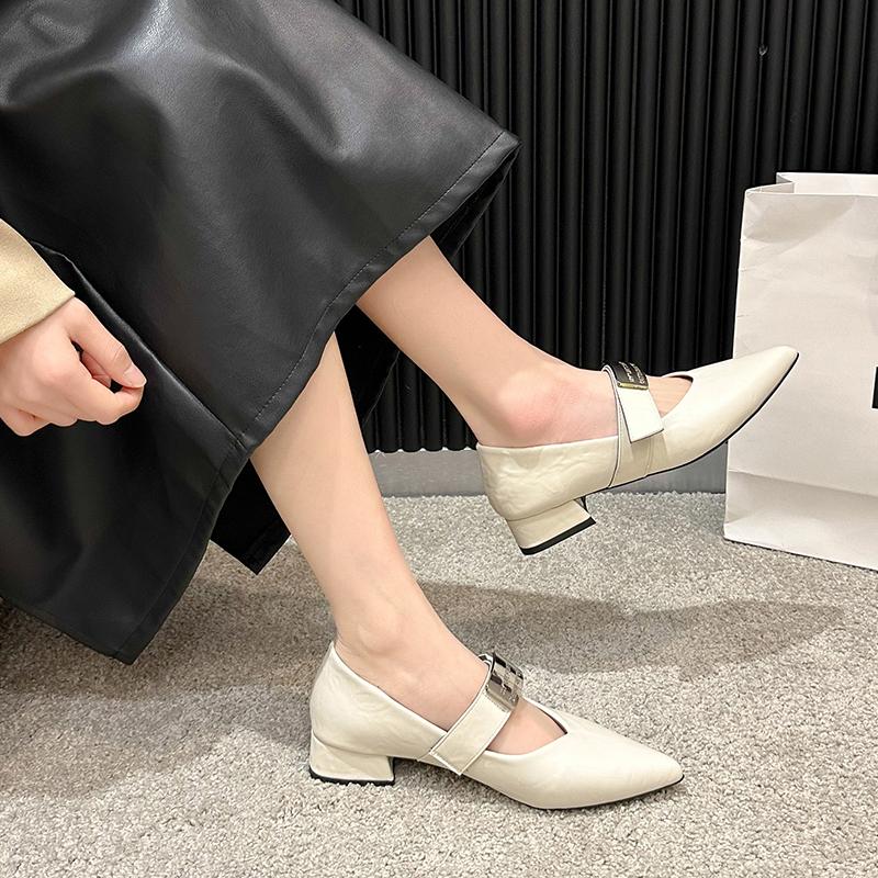 Fashion Women's Low Heel Shoes Spring New Pointed Head Shallow Mouth Metal Buckle Soft Sole Non-slip Low Top Shoes