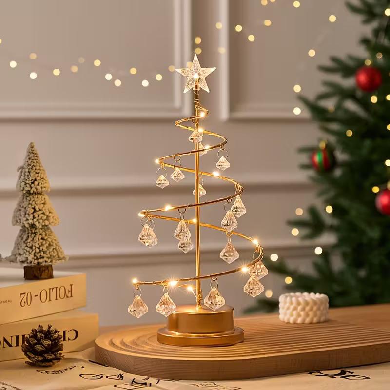 LED Crystal Christmas Tree Night Light - Elegant Iron Art Desk Lamp for Bedroom Ambiance