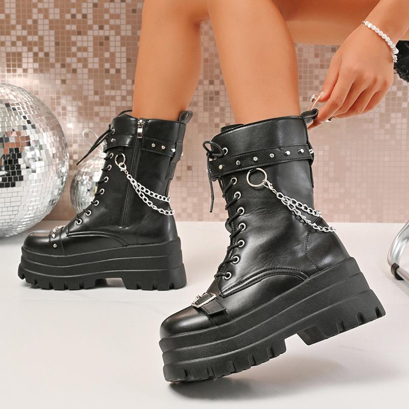Punk Style Chunky Motorcycle Boots Women Thick Bottom PU Leather Ankle Boots Woman Metal Chain Decor Gothic Platform Botas Mujer