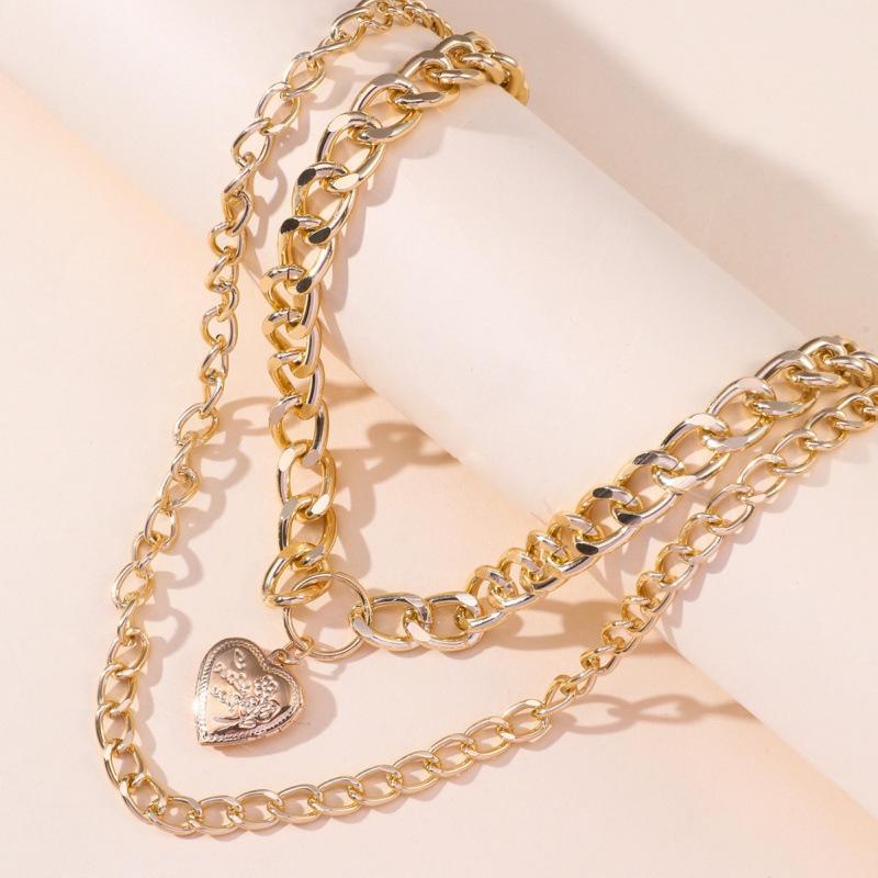 Cross-Border Double Layer Thick Chain Heart Pendant Necklace - European American Creative Openable Heart Clavicle Chain