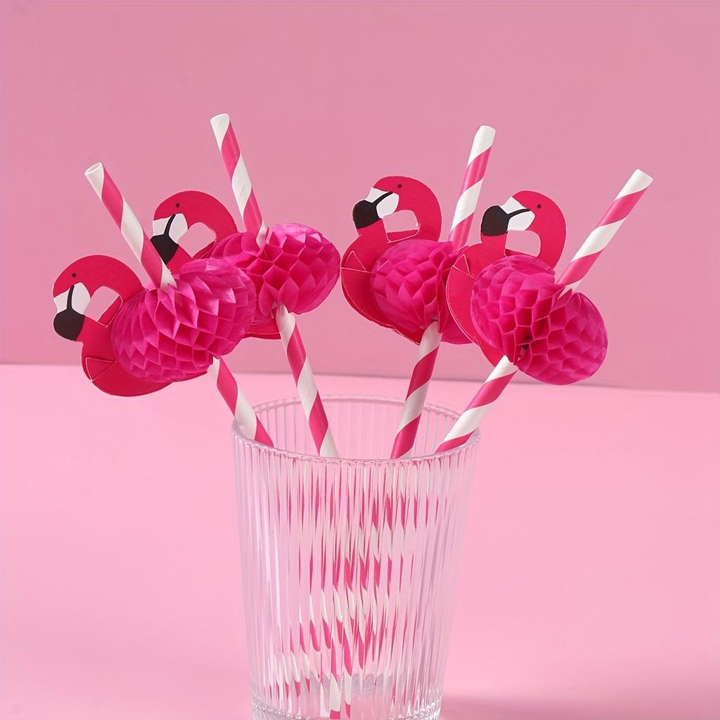 12pcs, Pink Flamingo Paper Straws, Summer Hawaii Aloha Party Supplies Tableware, Hawaiian Party Decorations Birthday Wedding Paper Drinking Straws
