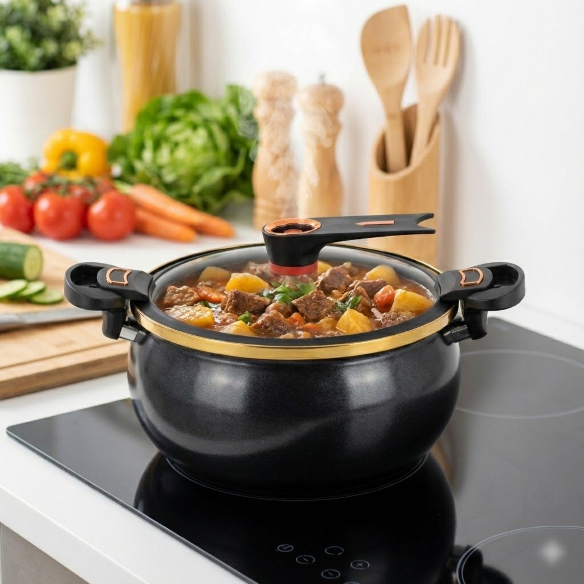 

8.45Qt Black Non-Stick Micro Pressure Cooker for All Stoves, Fast Cooking Large Stock Pot with Visual Lid & Gold Rim United States