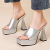High Heels Women's Slippers Platform Summer Mules Shoes Ladies Sandals Peep Toe Black Silver Outside Footwear Shoes Large Size