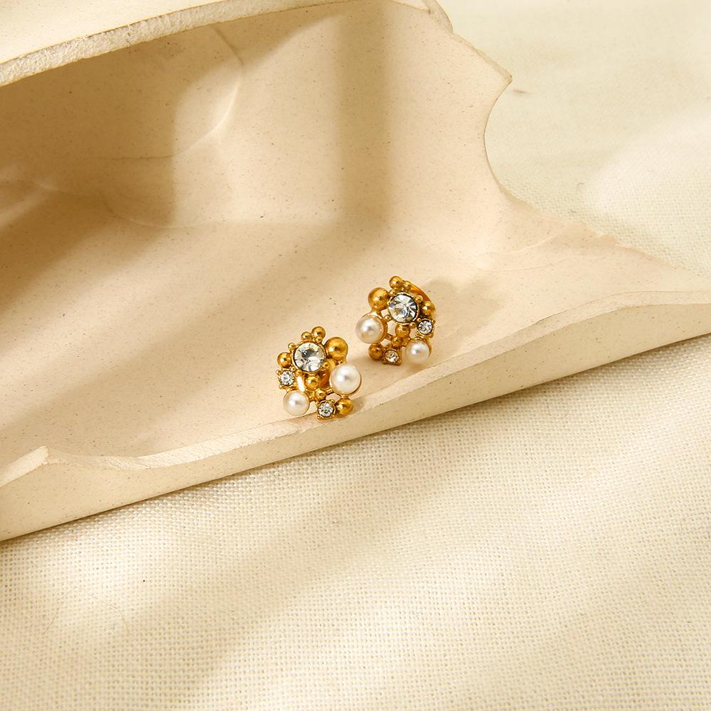 ins light luxury stainless steel special-shaped zircon imitation pearl flower pendant necklace plated with 18k gold stud earrings jewelry women