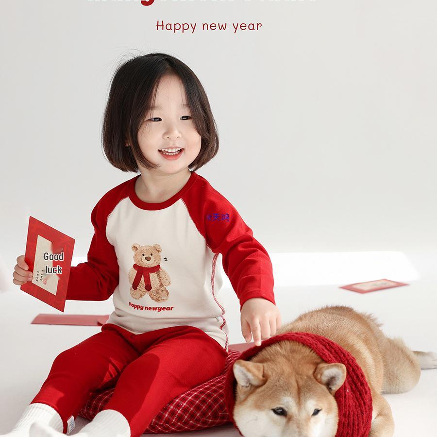 Children's New Year Warm Cotton Outfit: Birth Year Red Autumn Set for Boys and Girls
