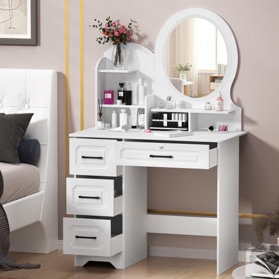 Makeup Desk with Mirror, Large Vanity Desk with Storage Shelves, 4 Drawers, Makeup Vanity Table with Light, Bedroom Dressing Table