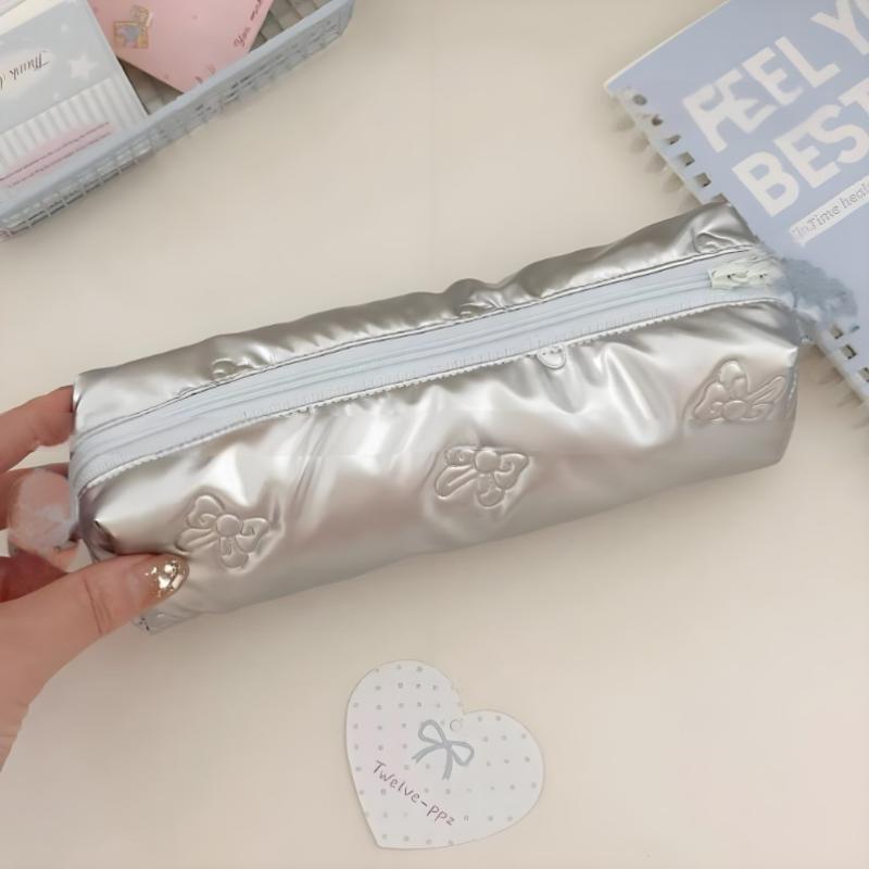 Silver Ballet Style Cute Bow Large Capacity Pencil Case Student Stationery Study Supplies Back To School Kawaii Bag