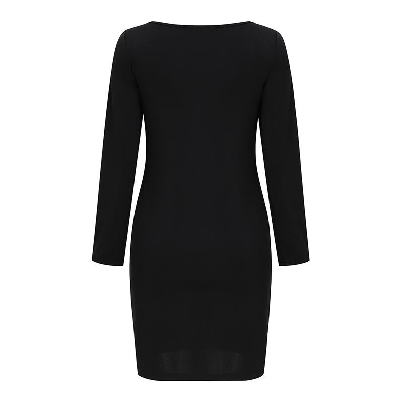 VONDA Women U-Neck Long Sleeve Solid Color Split Thin Bodycon Mini Dress