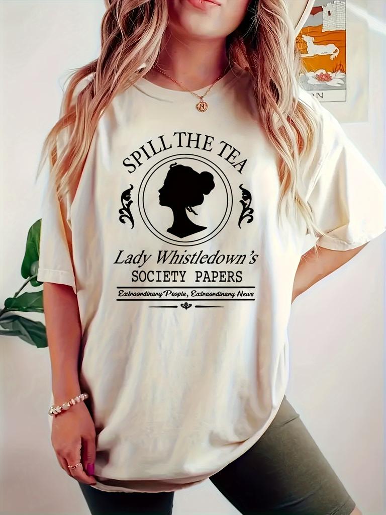Chic Letter Print T-Shirt for Women - Casual Crew Neck Short Sleeve Top Perfect for Spring & Summer Machine Washable