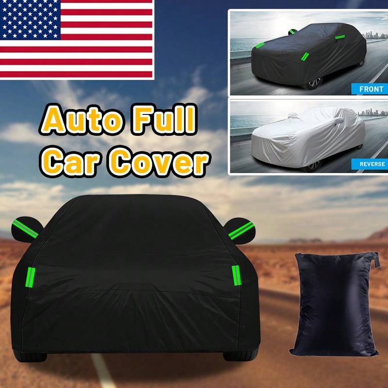 Premium Black 190T Car Cover with Reflective Strips, Dustproof Scratch Resistant Heavy Duty Protector for Sedan Hatchback SUV