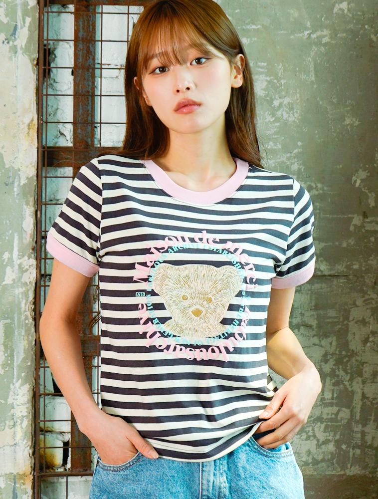 LA MAISON STUDIO Maison Circle Bear Friends Stripe Ringer Short Sleeve Charcoal(Fcg2Ts761W)