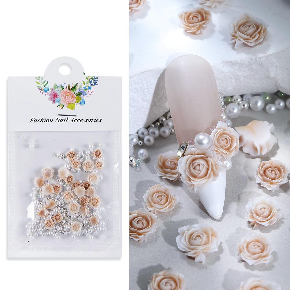 3 Packs 30 Gradient Carved Rose Nail Accessories, Dragon Sand, Gemstones, Rose Flowers with Steel Beads and Pearls, Nail Accessories