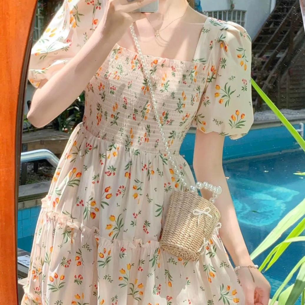 

Модное ретро-платье с мелким цветочным принтом, летняя облегающая и стройнящая юбка выше колена средней длины XXL бежевый