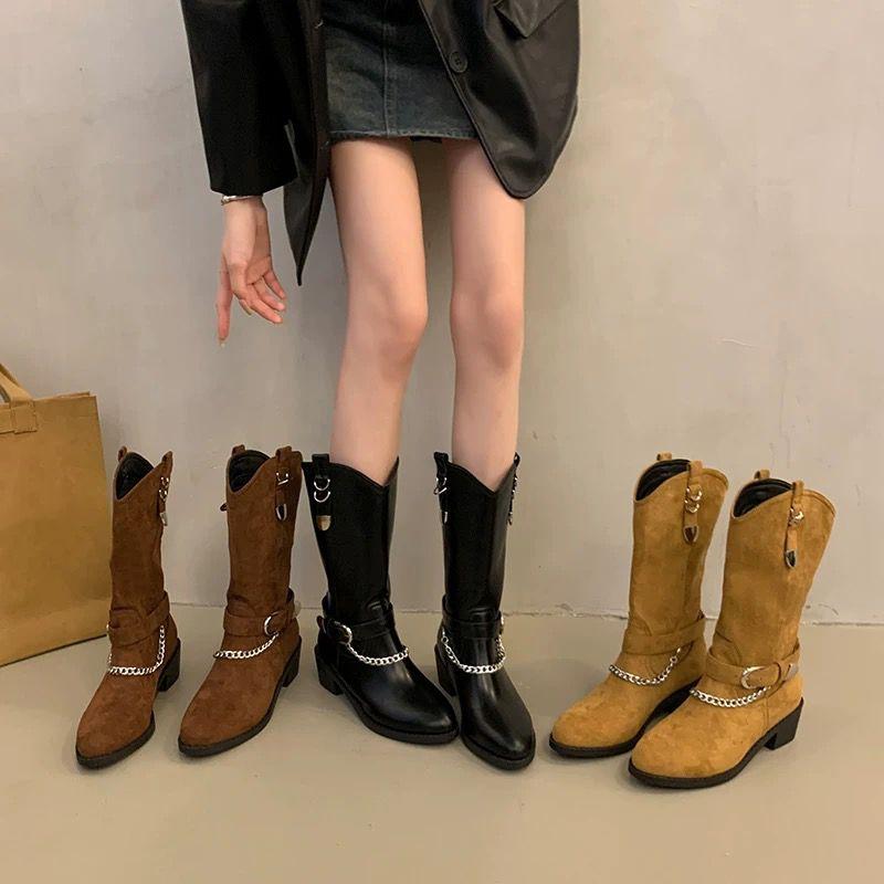 Fashion Retro Belt Buckle Middle Heel Ladies Mid Calf Shoes Comfortable and Elegant Fashion 2025 Cosplay Trend Women's Half High Boots