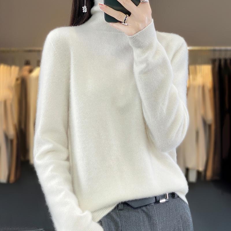Women's Pure Wool High Neck Loose Pullover Sweater - Solid Color, Slimming, Long Sleeve - Autumn/Winter Collection