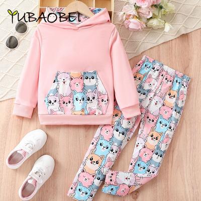 Girls Spring and Autumn Fashion Long Sleeved Hoodie and Pants Two Piece Set for Children Cartoon Cat Sports Suit