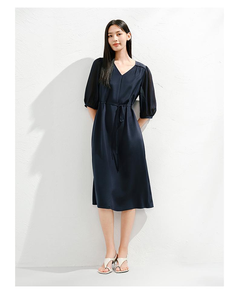 Jiuzi Anna Kou Elegant and Dignified Temperament Extremely Simple Style Mulberry Silk Waist Cinched Dress for Women 2025 Summer New Item