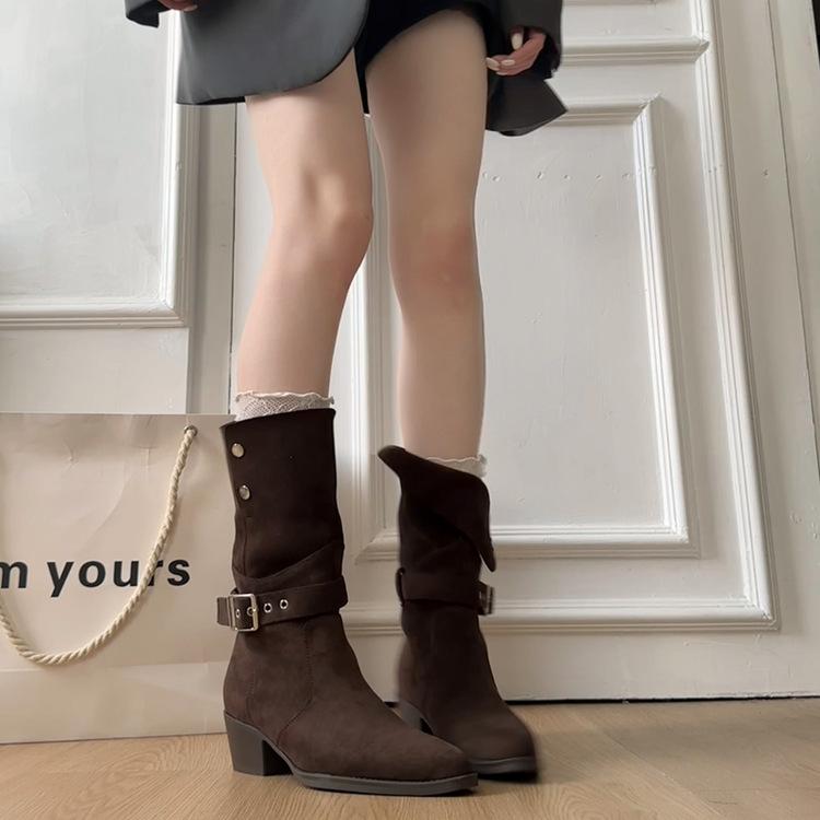 Rindslederversion~ Gürtelschnalle zwei Tragevarianten Ritterstiefel 2025 neue Wüsten-Western-Cowboystiefel plissierte mittelhohe Stiefel mit Stacking-Absatz