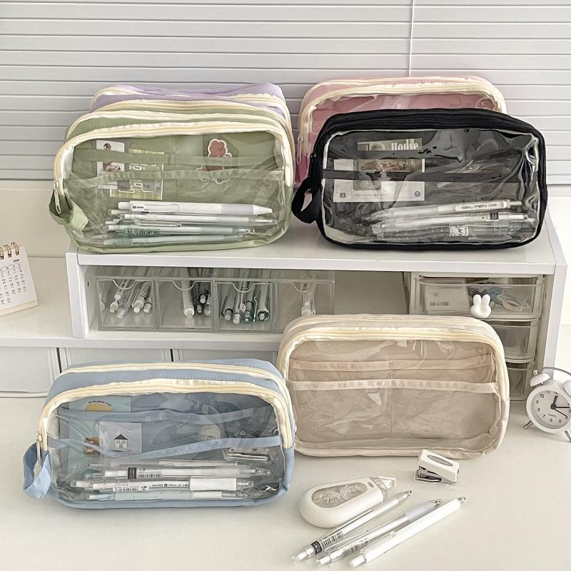 Transparent Visible Pencil Case Large Capacity Double Layer Splash Prevention Pen Pouch School Exam Stationery Bag
