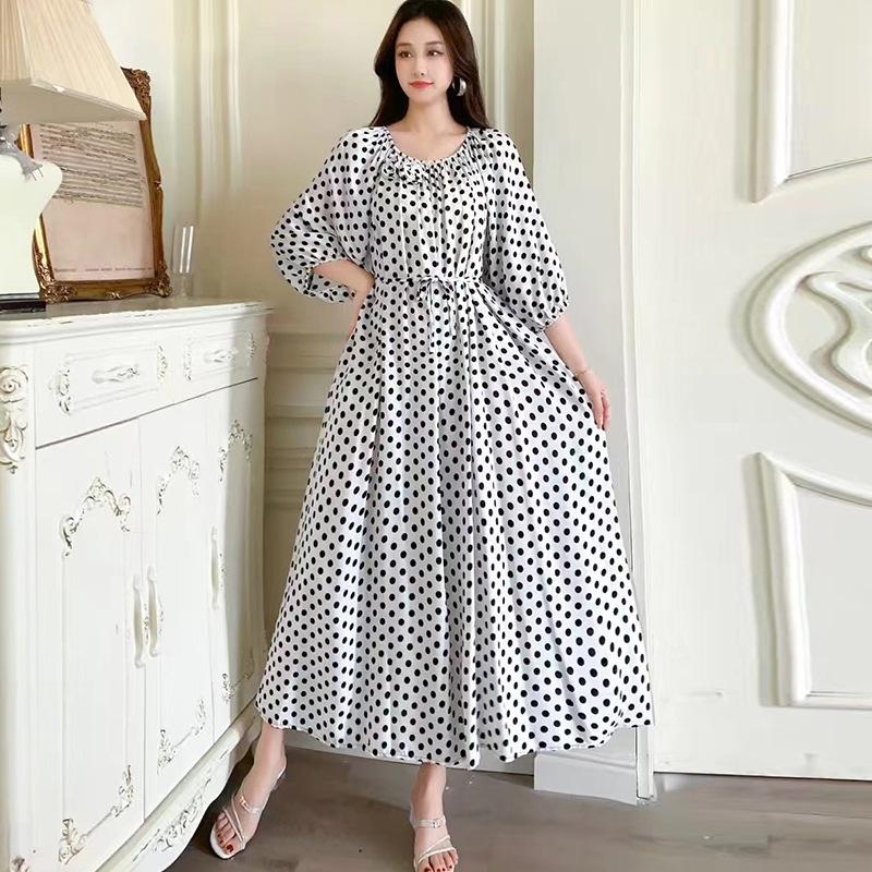 Fattened extra large size floral long-sleeved dress 100kg fat girl long dress one-word shoulder loose maternity dress