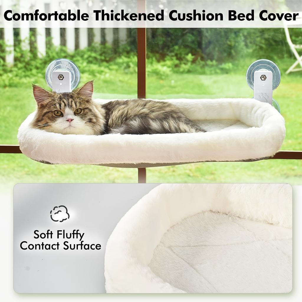 Deluxe Cordless Cat Window Perch Hammock with 4 Strong Suction Cups, Sturdy Metal Frame & Soft Plush Cover - Cozy Indoor Cat Bed
