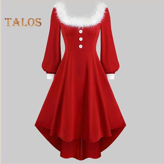 Christmas Performance Dress Fluffy Square Neck Pure Color A Line Irregular Hem Button Decor Festive Stage Show Santa Cosplay Costume New Year Party
