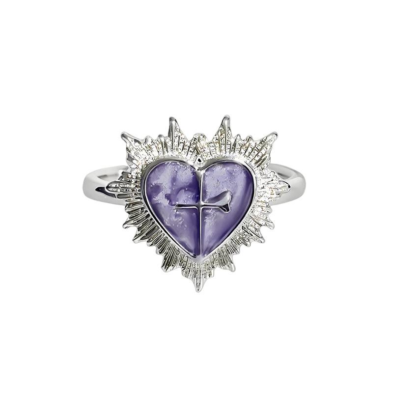 Niche Personality High‑Grade Open Ring Dark Sweet‑Cool Purple Zircon Thorns Heart Spice‑Girl Adjustable Stack‑Wear Index Finger Jewelry