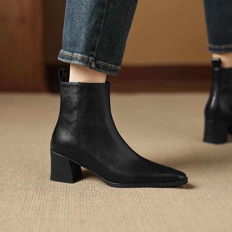 Krazing Pot Zimní kožené kozačky na středním podpatku se špičatou špičkou Chelsea pro ženy, elegantní dámské kotníkové boty na zip