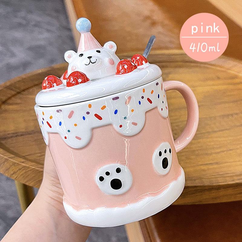 

410ML Ceramic Coffee Cup With Lid Spoon Creative Funny Cake Shape Mugs Household Milk Oatmeal Water Cup 401-500ml розовый