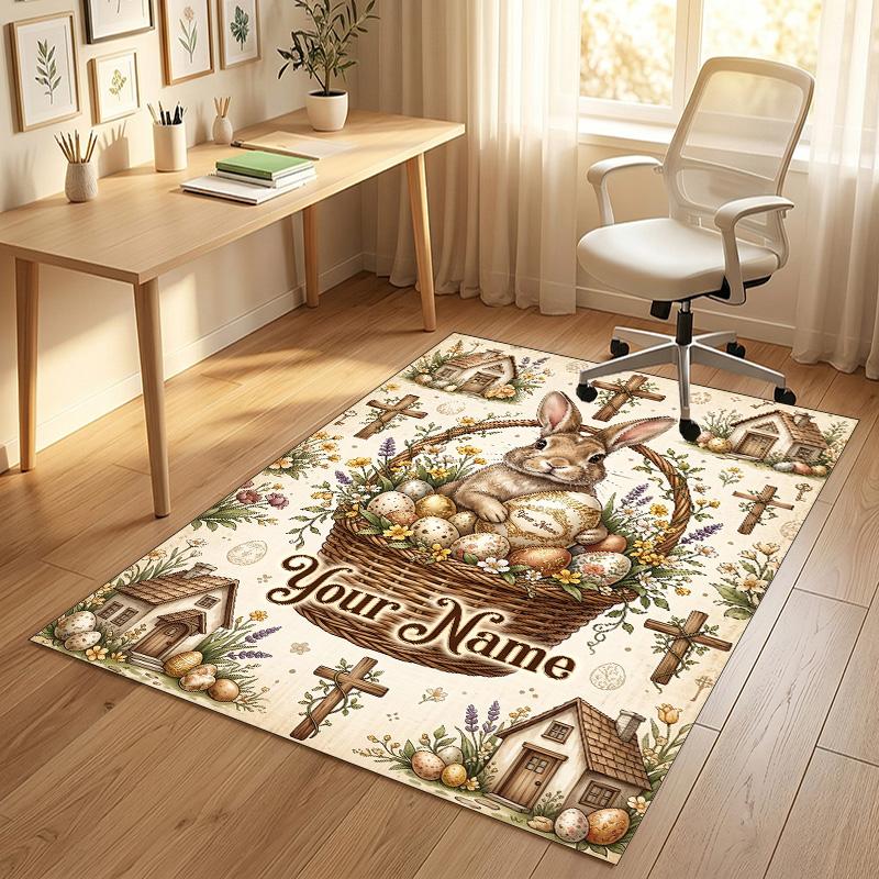 Easter Bunny Theme Crystal Velvet Rug Personalized Custom Name Text Soft Floor Mat Home Decor