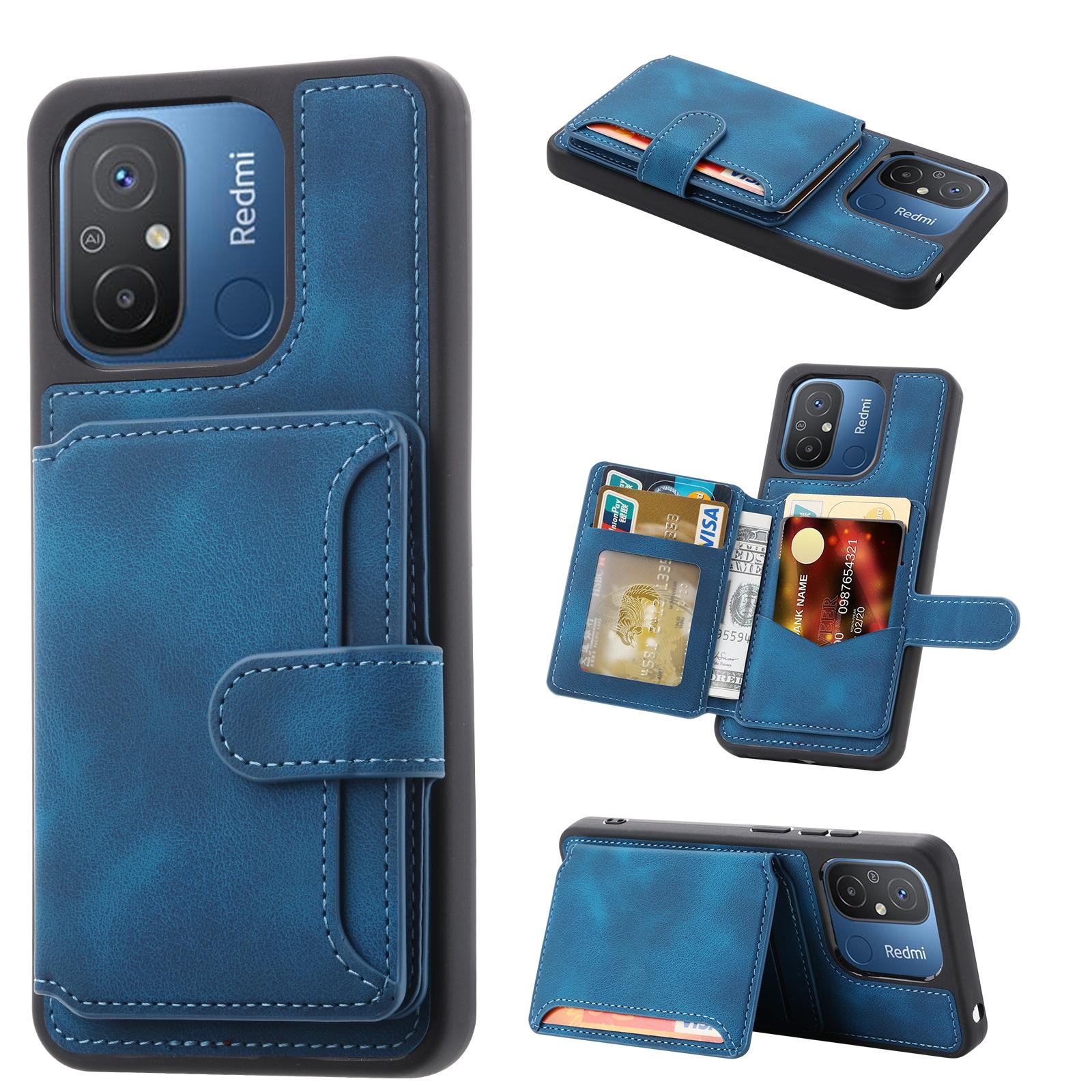 

For Xiaomi Redmi 12C 4G Leather Coated TPU Kickstand Phone Case RFID Blocking Wallet Anti-drop Cover Navy Blue
