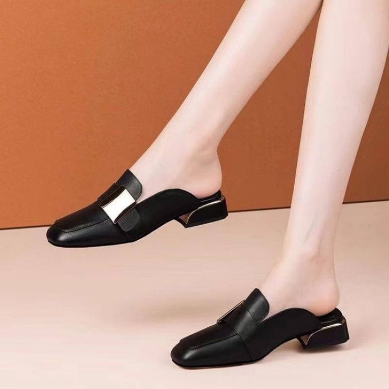 Half-bag head slippers women's summer fashion outer wear versatile square head sandals low-heeled women's shoes 2024 new