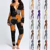 Women's Button-Down Halloween Print Functional Buttoned Flap Adults Jumpsuit