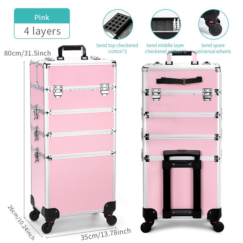 

Съемный перекатывающийся портативный кейс для макияжа с большим отделением, косметическая тележка, 4-слойные органайзеры для макияжа, дорожный кейс с ключом розовый