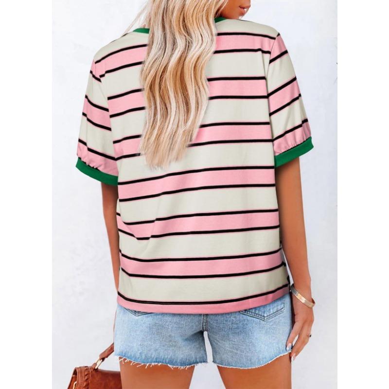 Womens Striped Contrast Color Loose Round Neck Short Sleeve Casual T Shirt