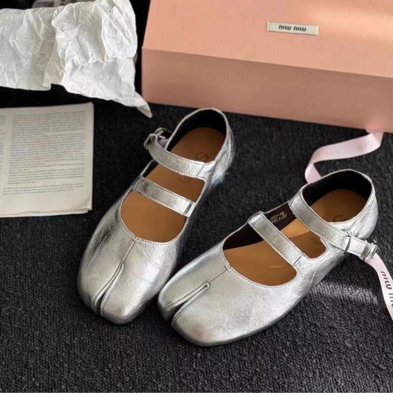 Cowhide version~ New split-toed Mary Jane silver single shoes women's cloud ballet shoes flat grandma shoes